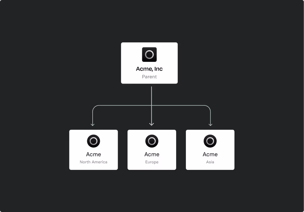 Entity hierarchy diagram with Acme, Inc as the parent above three regional subsidiaries for North America, Europe, and Asia.